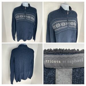 Tricots St Raphael 1/4 Zip Fair Isle Sweater Mens‎ XL Fleece Collar Cotton Knit